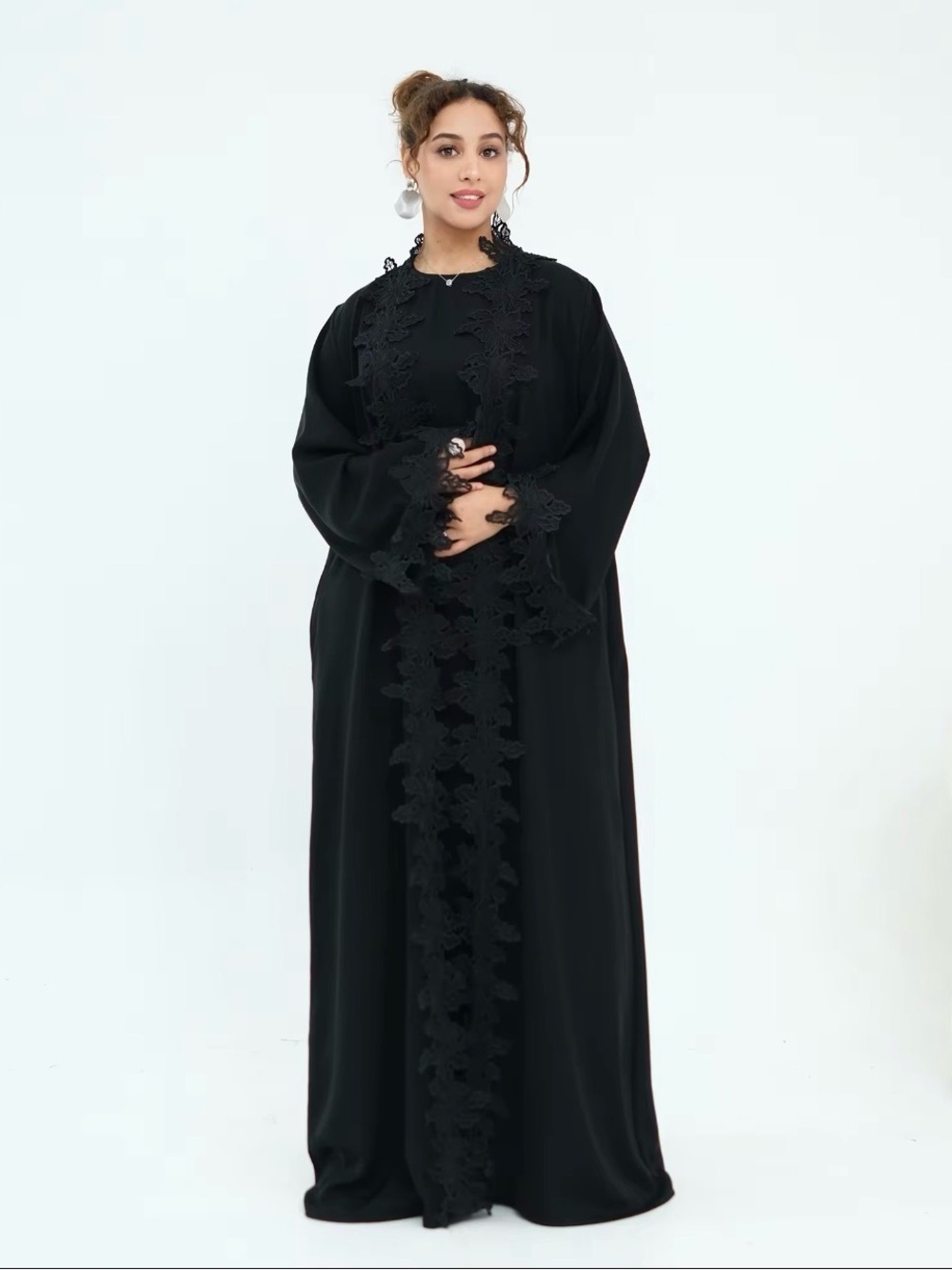 Black Embroidered Abaya with Floral Trim
